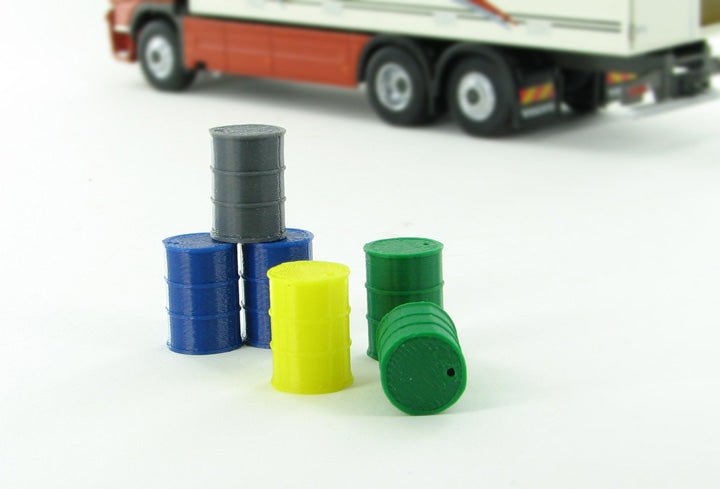 3D To Scale 50-240-AS 1/50 Scale Barrels 55 Gallon - 6 Pack Assorted Colors