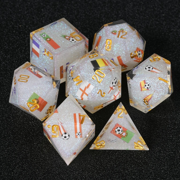 DND World Cup Resin Dice Set with National Flags and Soccer Balls + Gold Lettering