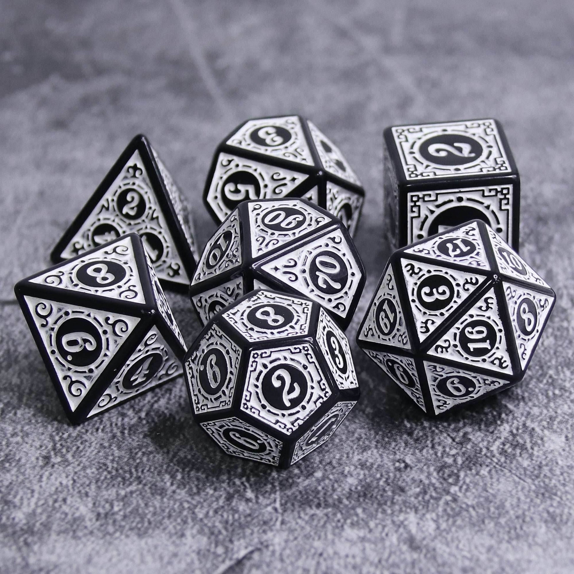 White Magic Flame 7-Dice Set DND RPG Dice Black w/Color Fill - 