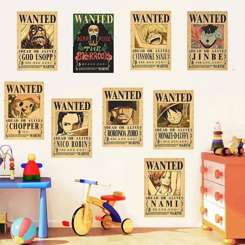 Anime One Piece Gear 5 Luffy Wanted Posters, Kids Bedroom Retro Poster Zoro Living Home Decoration Wall Art Paper Stickers