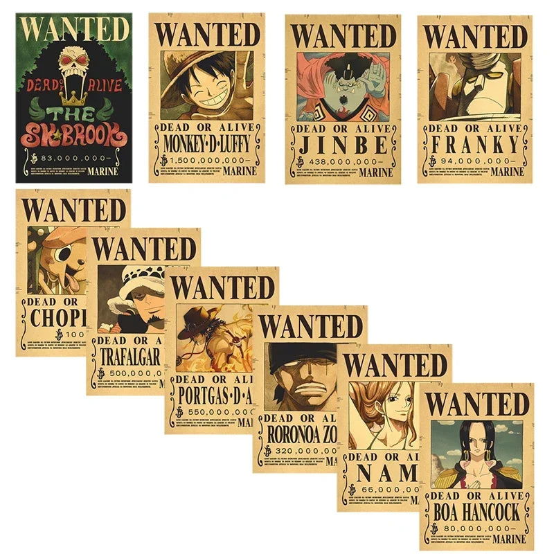 Anime One Piece Gear 5 Luffy Wanted Posters, Kids Bedroom Retro Poster Zoro Living Home Decoration Wall Art Paper Stickers