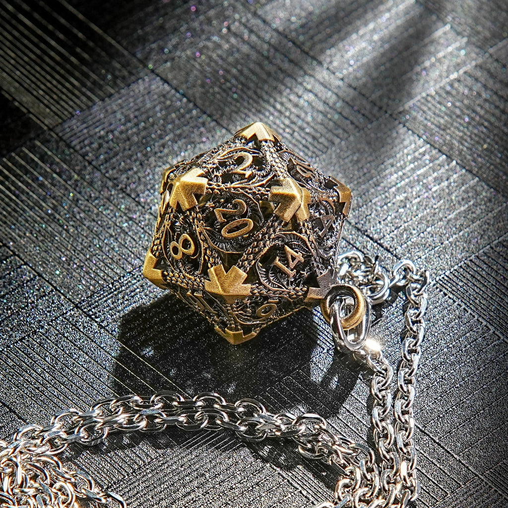Multicolor Metal Hollow D20 Dice Necklace、Keychain + Mini DND Dice Set
