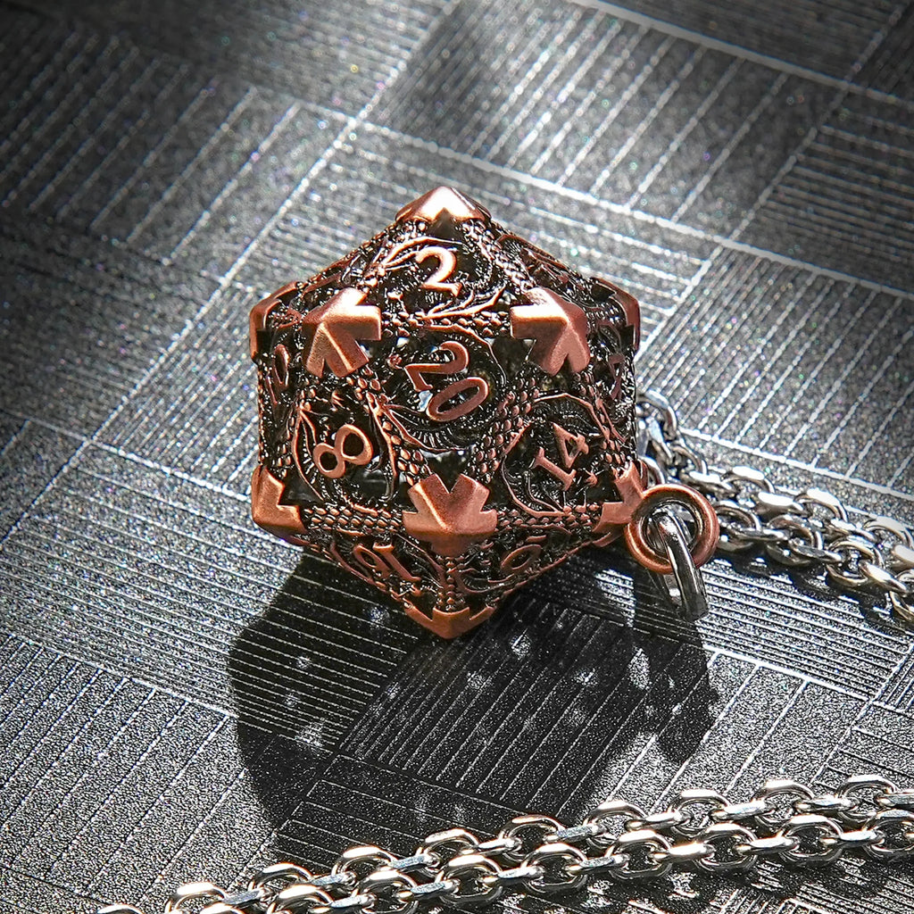 Multicolor Metal Hollow D20 Dice Necklace、Keychain + Mini DND Dice Set