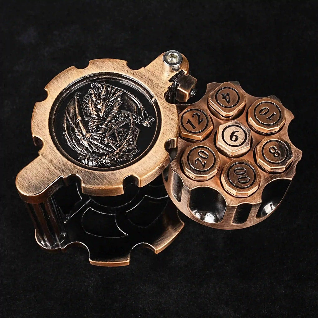 Unique dnd revolver dice set: 7 cool metal dnd bullet dice in the rotating revolver cylindrical magazine
