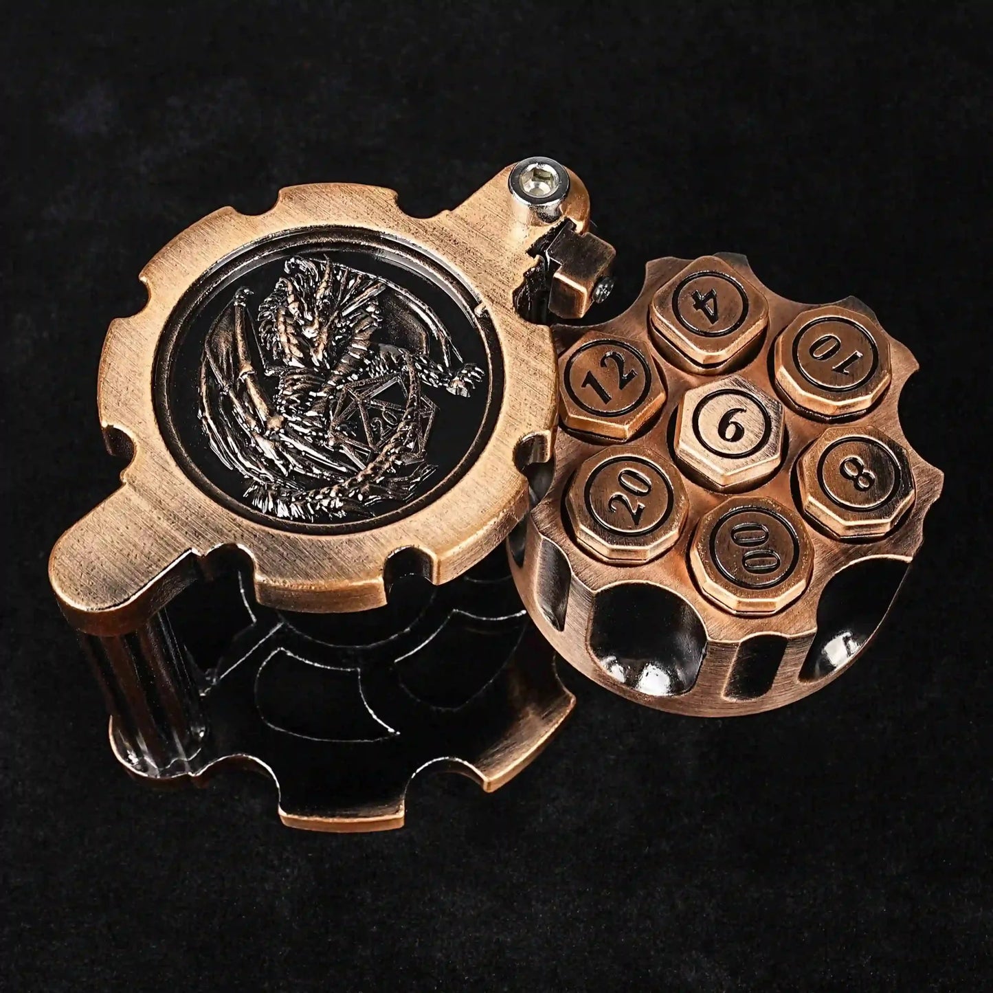 Unique dnd revolver dice set: 7 cool metal dnd bullet dice in the rotating revolver cylindrical magazine
