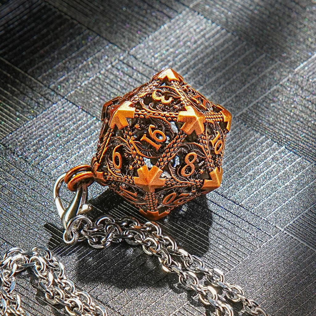 Multicolor Metal Hollow D20 Dice Necklace、Keychain + Mini DND Dice Set