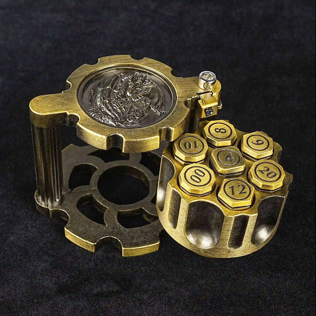 Unique dnd revolver dice set: 7 cool metal dnd bullet dice in the rotating revolver cylindrical magazine