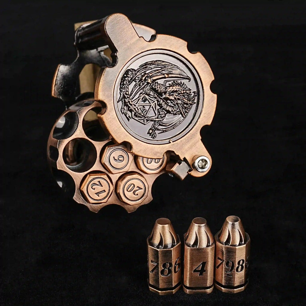 Unique dnd revolver dice set: 7 cool metal dnd bullet dice in the rotating revolver cylindrical magazine