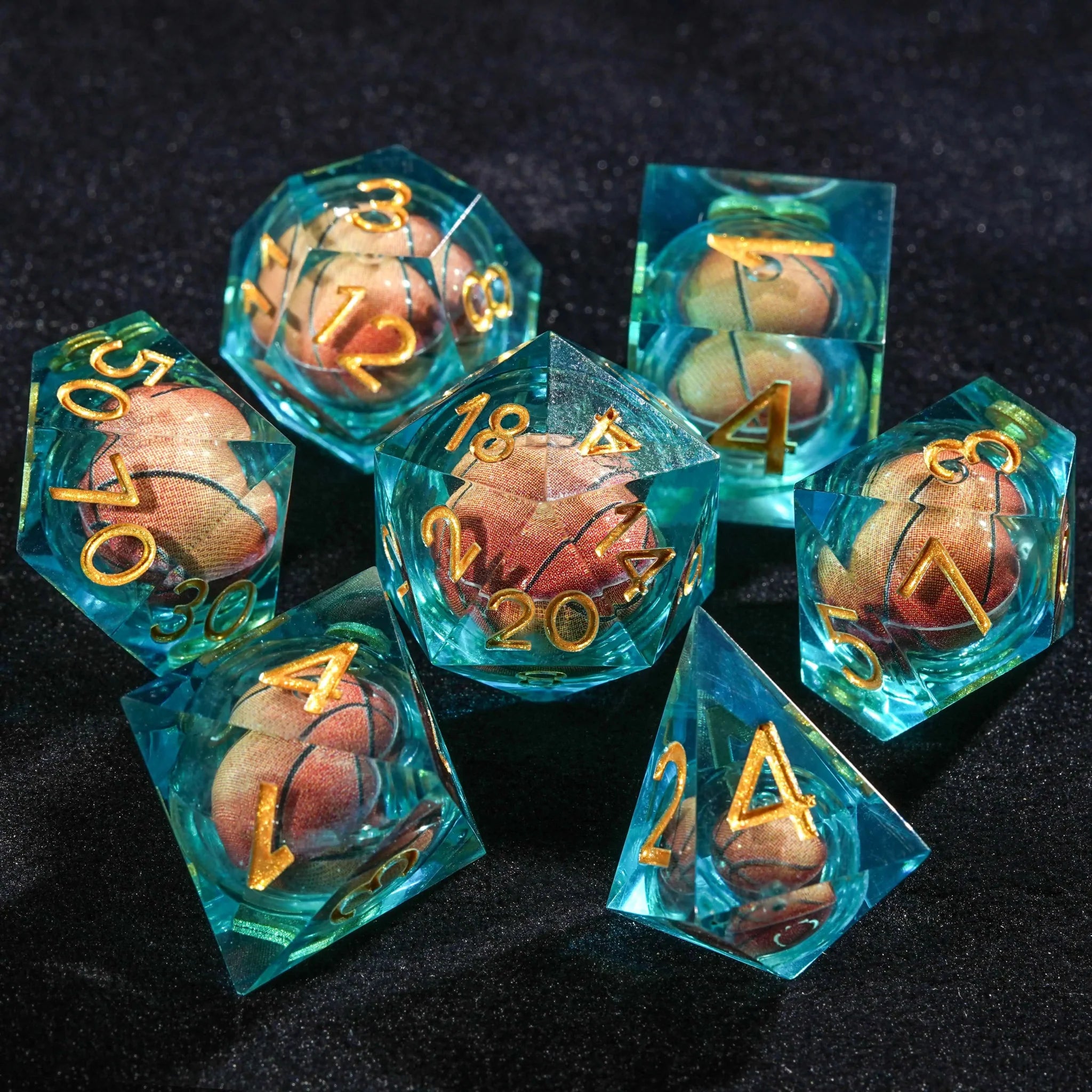 Basketball Core DND Dice Set Water Blue Transparent Resin + Gold Font