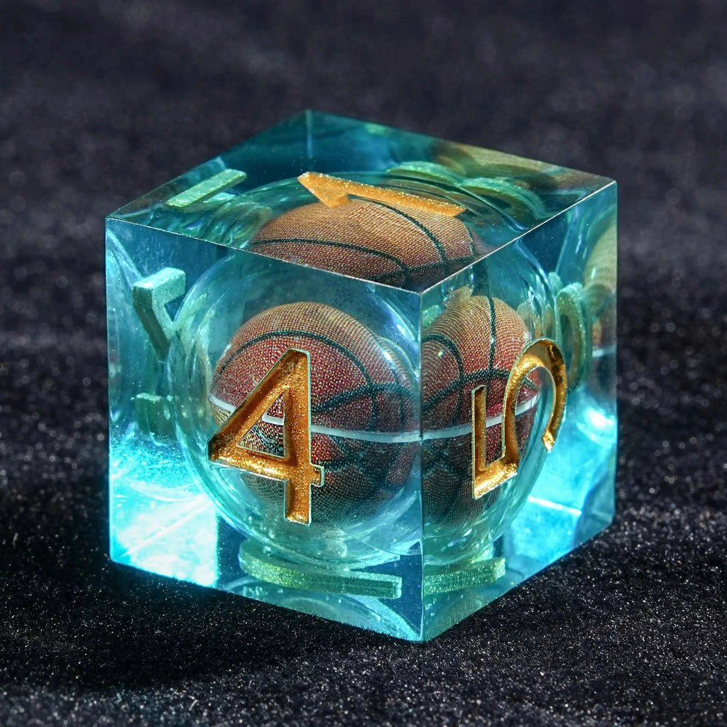 Basketball Core DND Dice Set Water Blue Transparent Resin + Gold Font