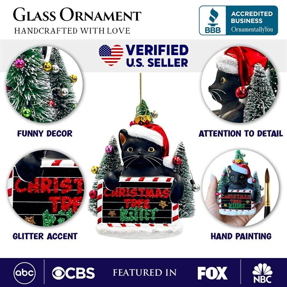 Christmas Tree Killer Funny Black Cat Glass Christmas Ornament, Whimsical Funny Tree Decor - 
