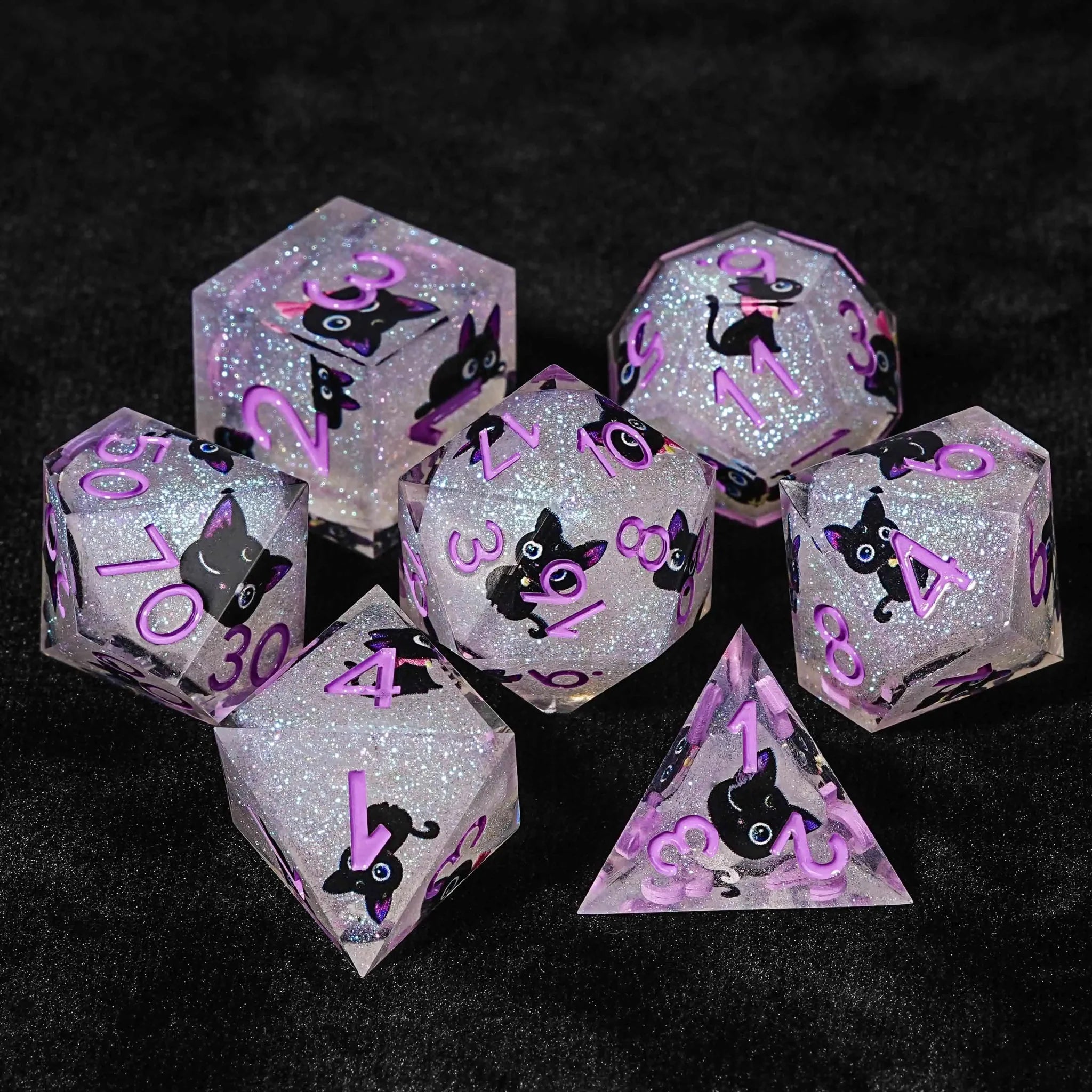 Black purple ears and big eyes cute cat resin DND dice set
