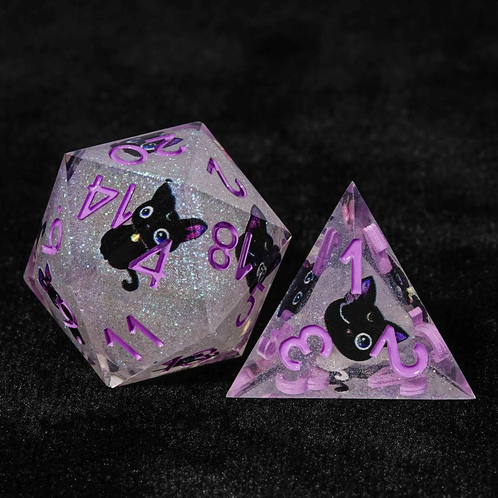 Black purple ears and big eyes cute cat resin DND dice set