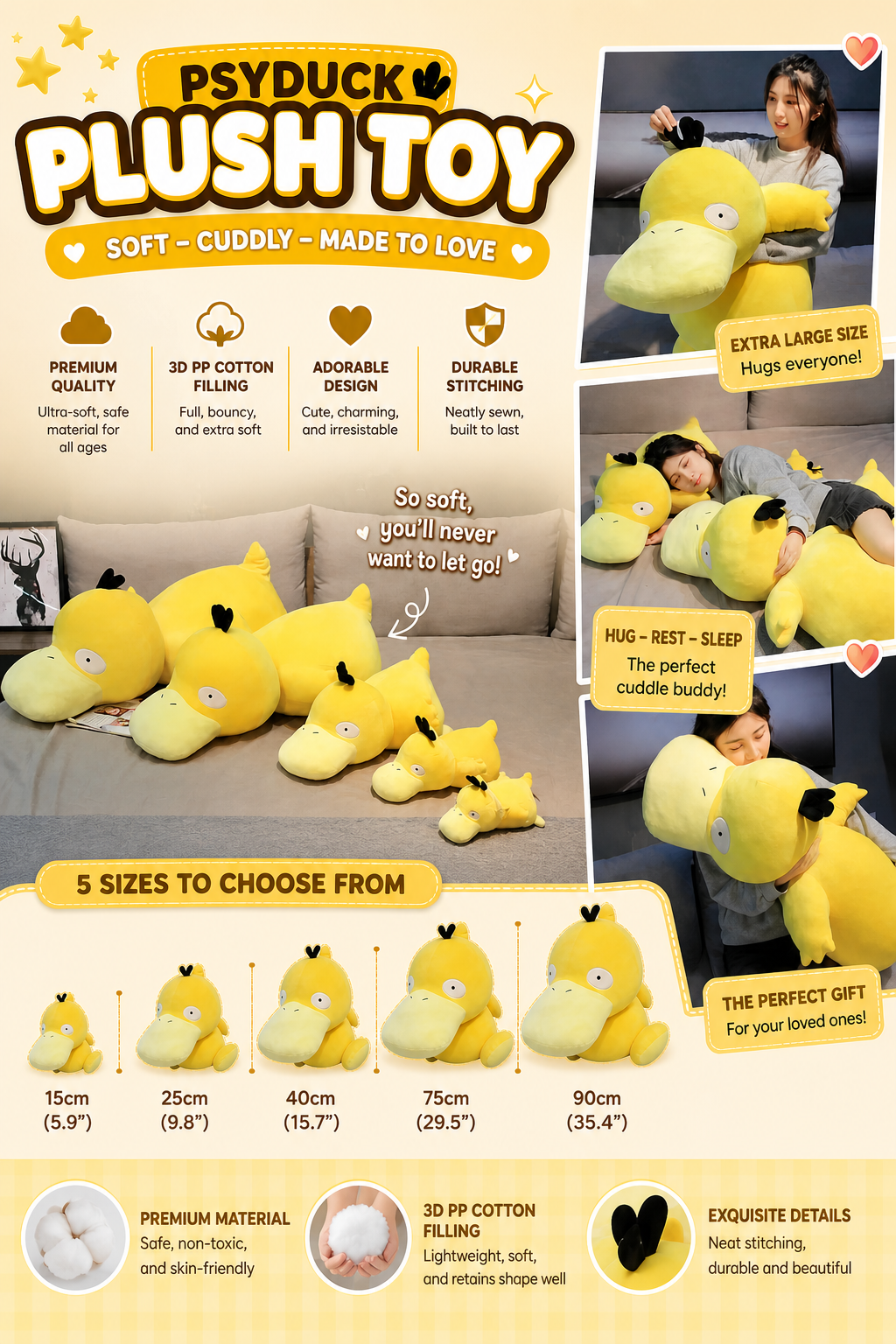 Big Size Pokemon Psyduck Back Cushion Psyduck Stuffed Anime