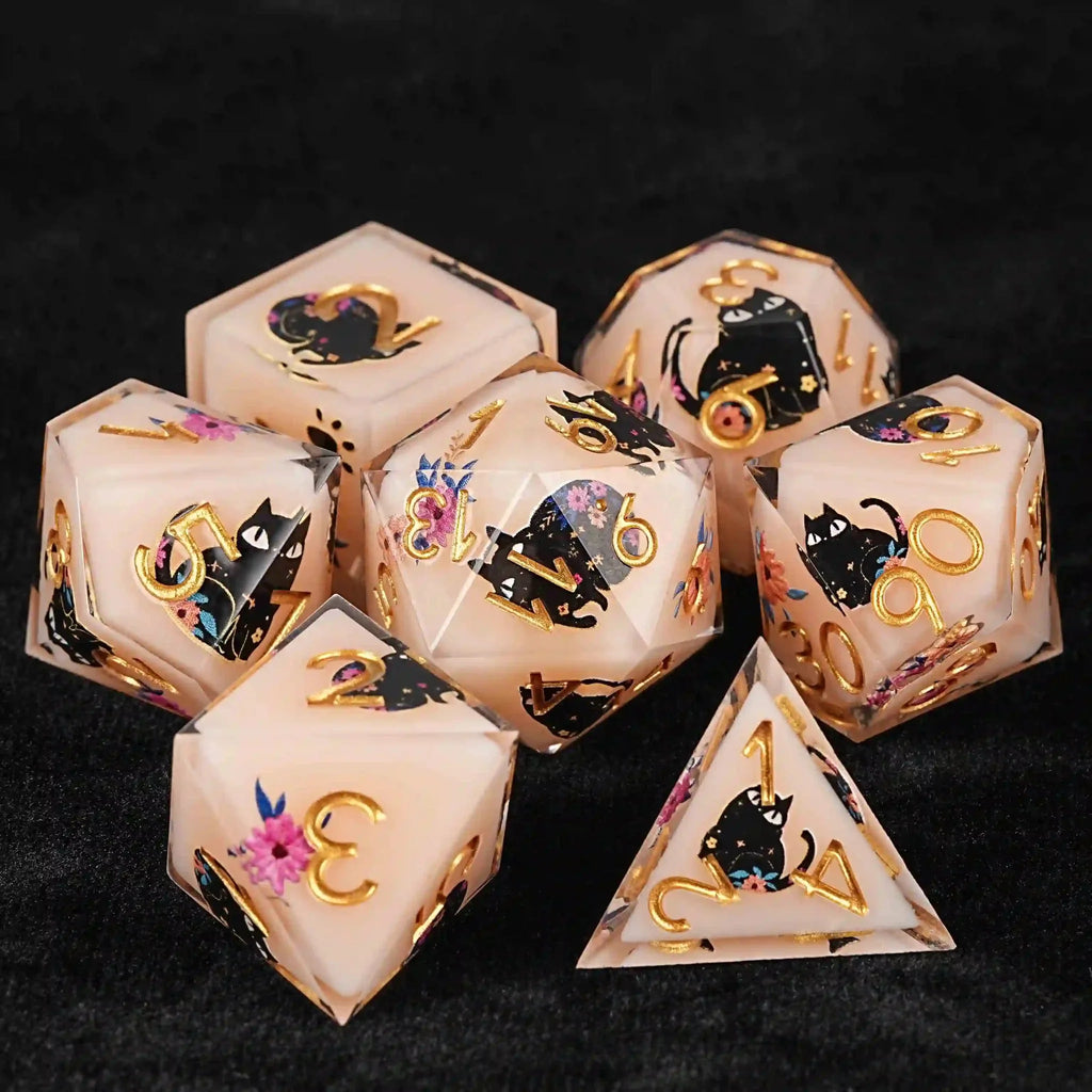 Handmade unique dice sets: Egyptian Pharaoh's black cat flower resin edge sharp dnd dice + gold font