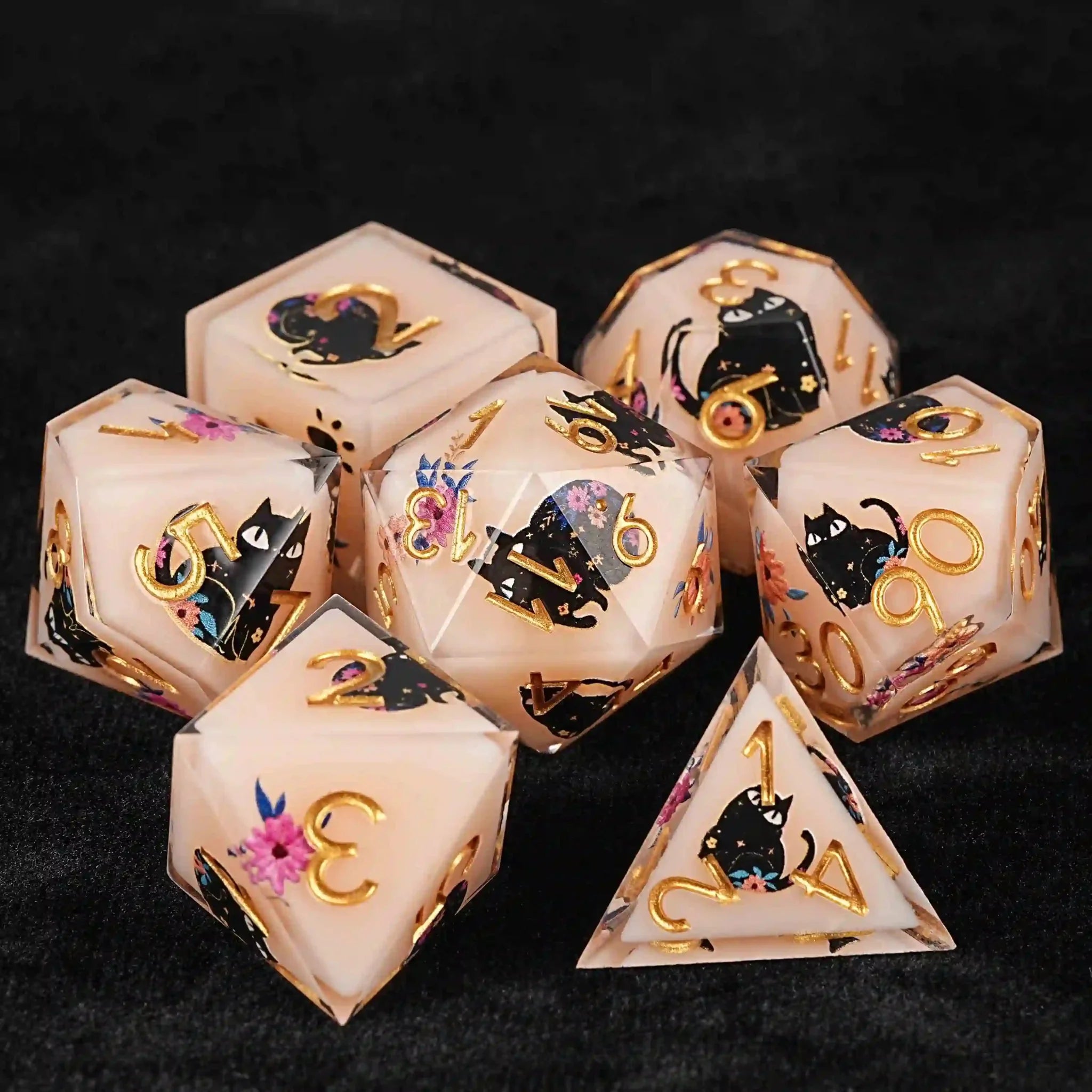 Handmade unique dice sets: Egyptian Pharaoh's black cat flower resin edge sharp dnd dice + gold font