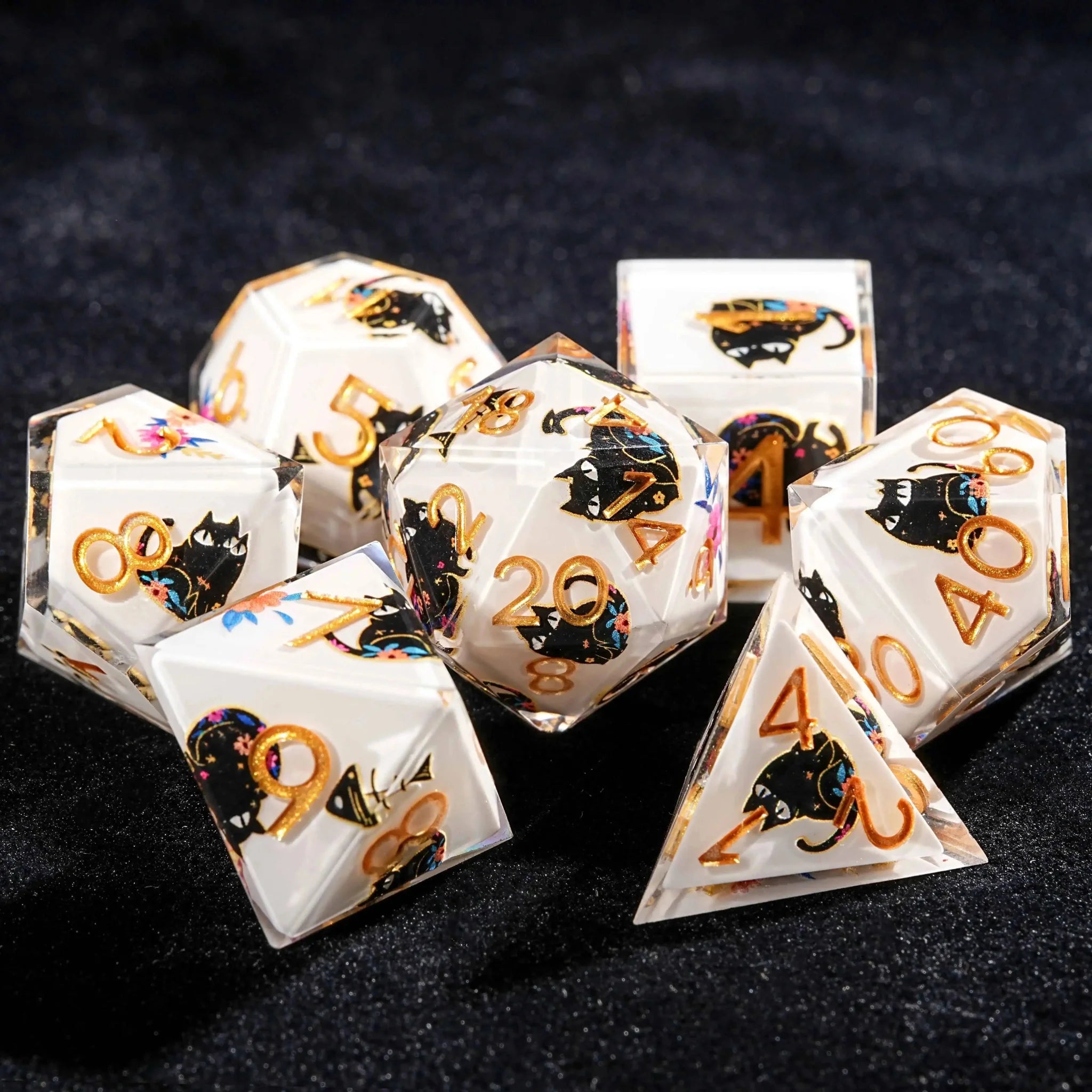 Handmade unique dice sets: Egyptian Pharaoh's black cat flower resin edge sharp dnd dice + gold font