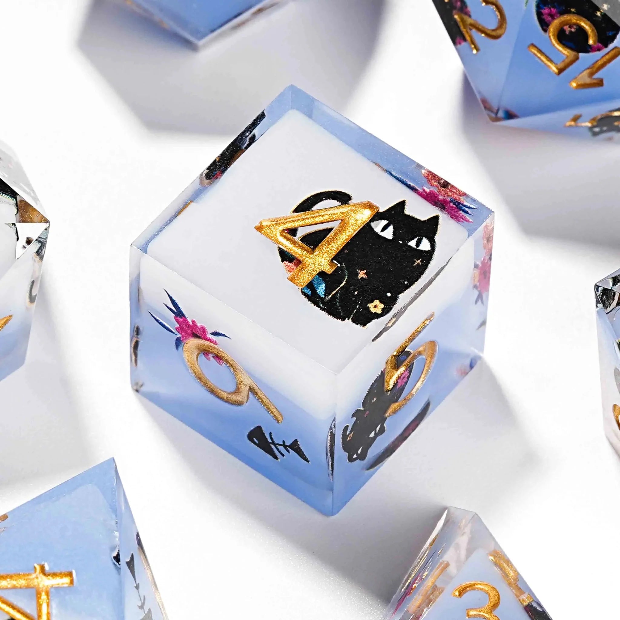 Handmade unique dice sets: Egyptian Pharaoh's black cat flower resin edge sharp dnd dice + gold font