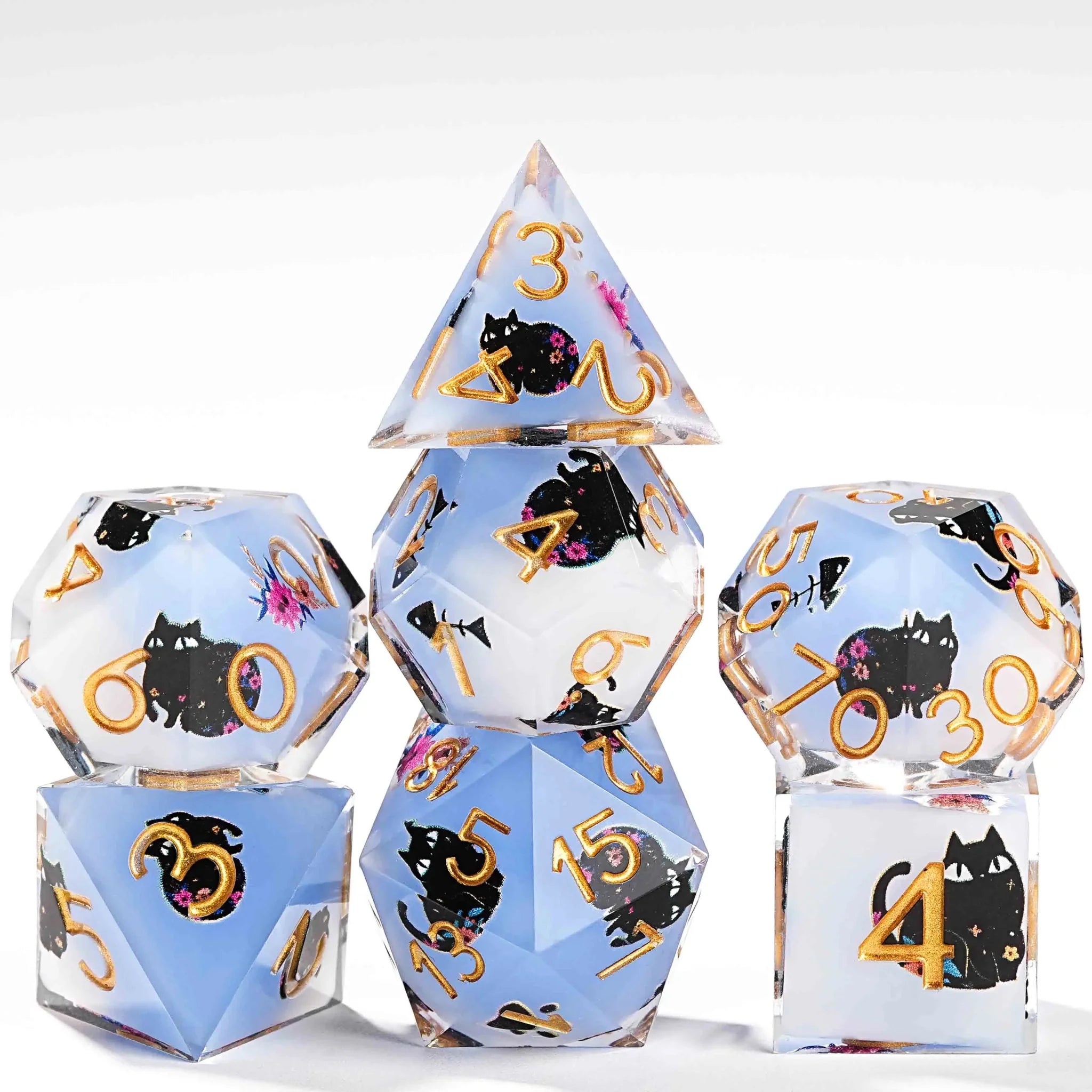Handmade unique dice sets: Egyptian Pharaoh's black cat flower resin edge sharp dnd dice + gold font