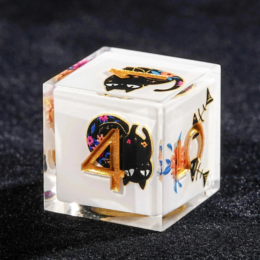 Handmade unique dice sets: Egyptian Pharaoh's black cat flower resin edge sharp dnd dice + gold font