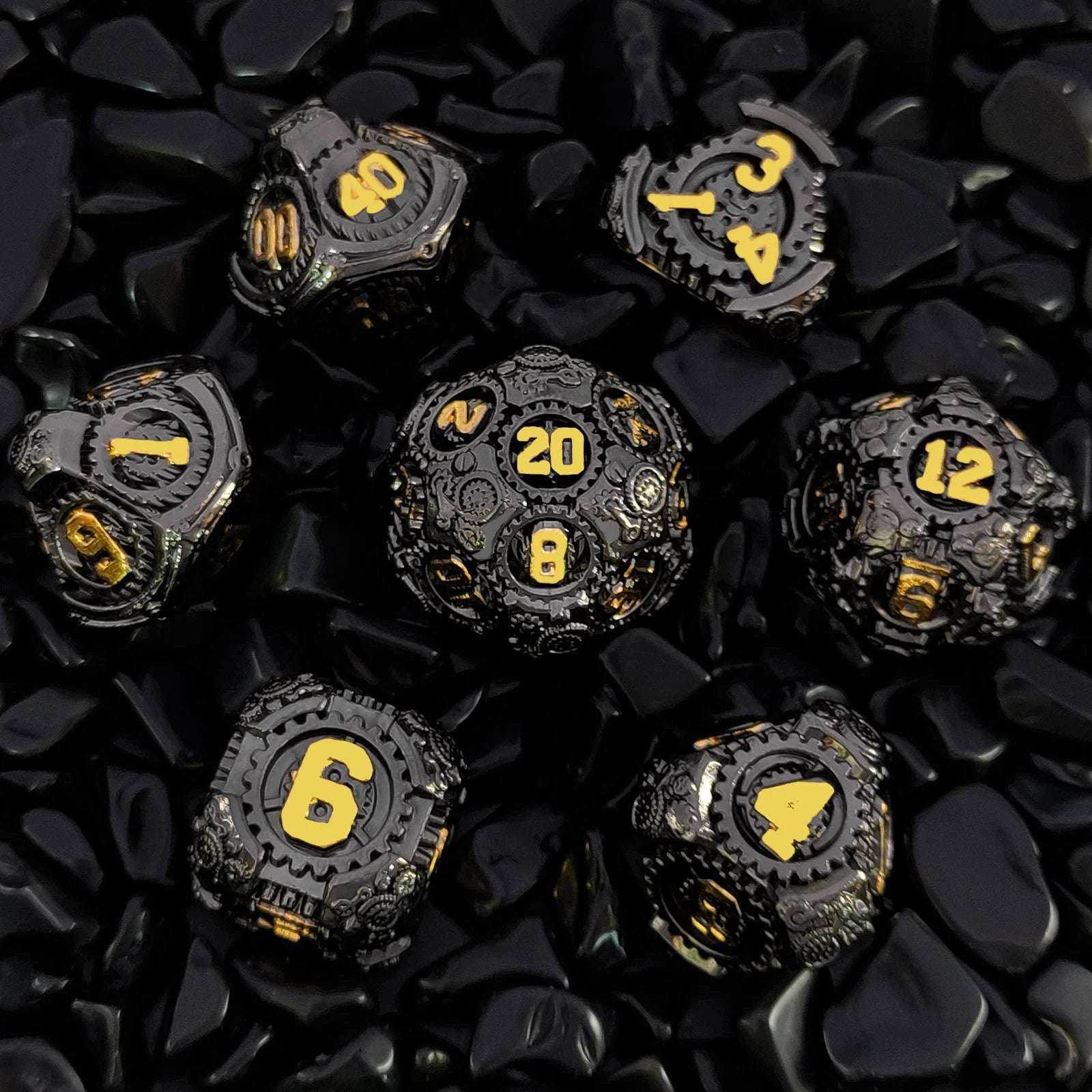 Punk Steam Ming Dynasty - Black Gold Mechanical Gear Solid Metal Dice Set