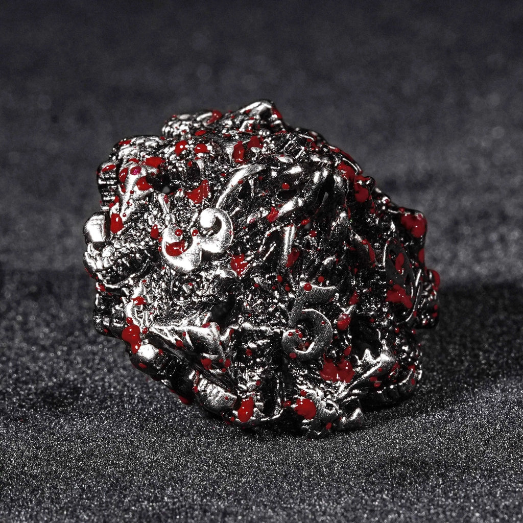 Bloodstained dragon head shaped metal hollow DND dice set