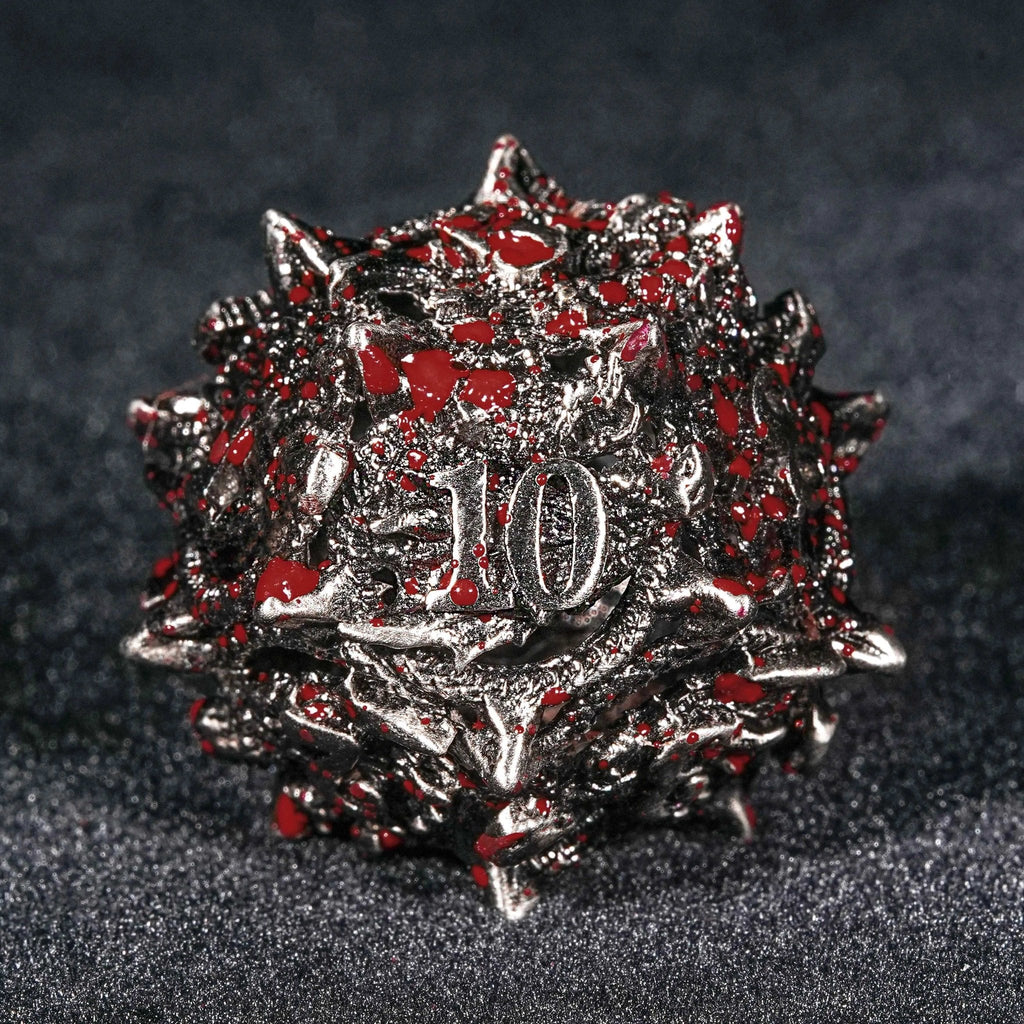 Bloodstained dragon head shaped metal hollow DND dice set