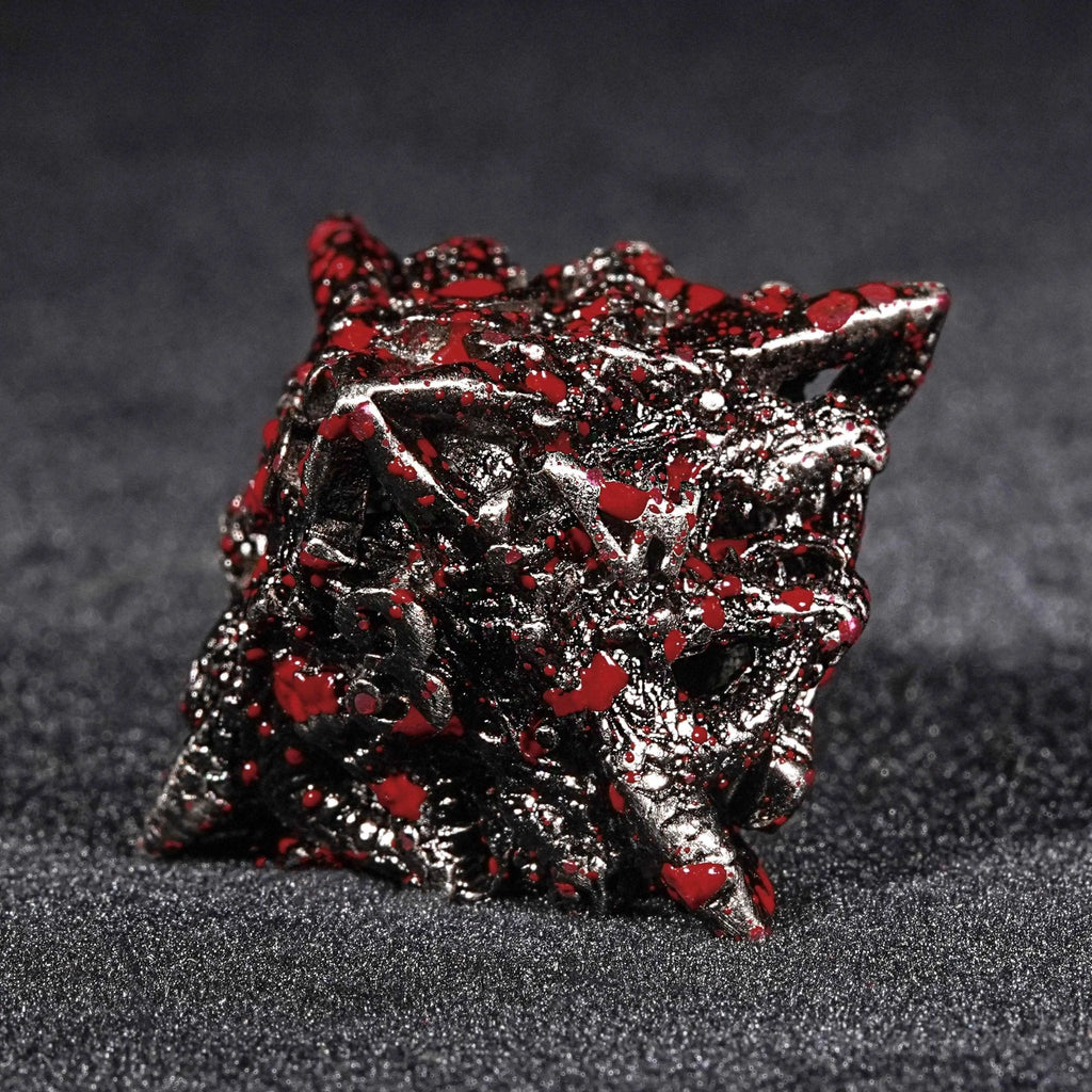 Bloodstained dragon head shaped metal hollow DND dice set