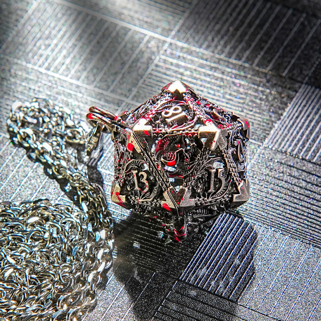 Multicolor Metal Hollow D20 Dice Necklace、Keychain + Mini DND Dice Set