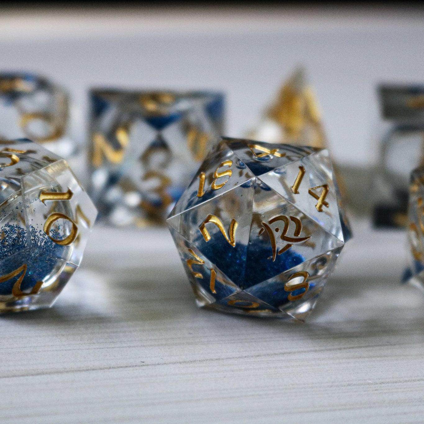 Blue Glitter Liquid Core Handmade Sharp Edge Resin DND Dice Set - 1 D20 (Not Full Set)