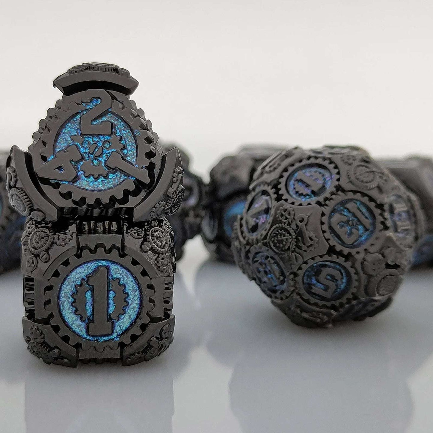 Steampunk - Blue Fluorescent Black Gear Metal DND Dice Set