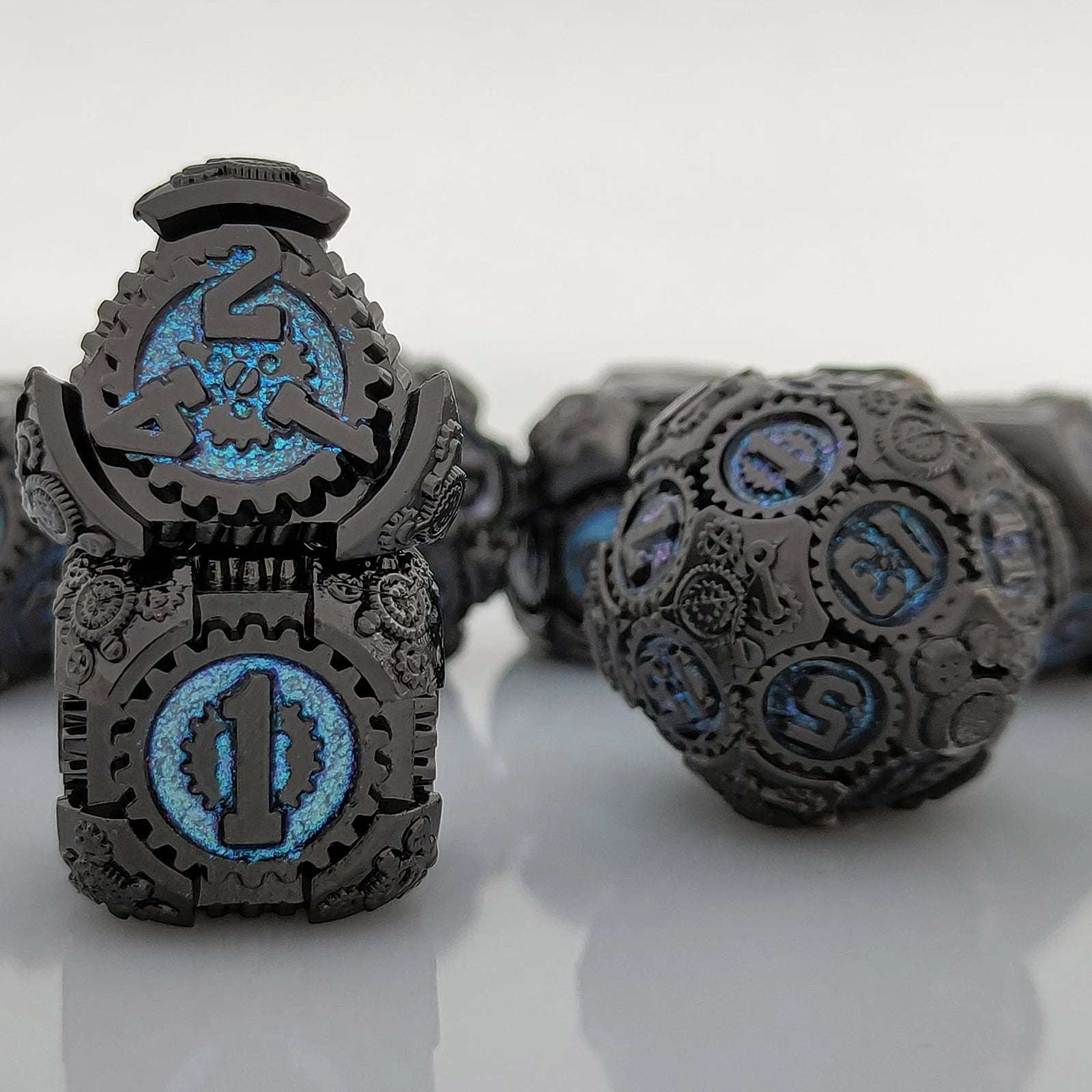 Steampunk - Blue Fluorescent Black Gear Metal DND Dice Set