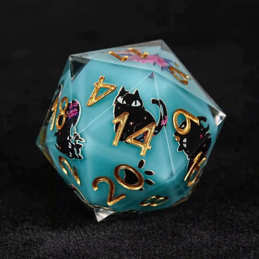 Handmade unique dice sets: Egyptian Pharaoh's black cat flower resin edge sharp dnd dice + gold font