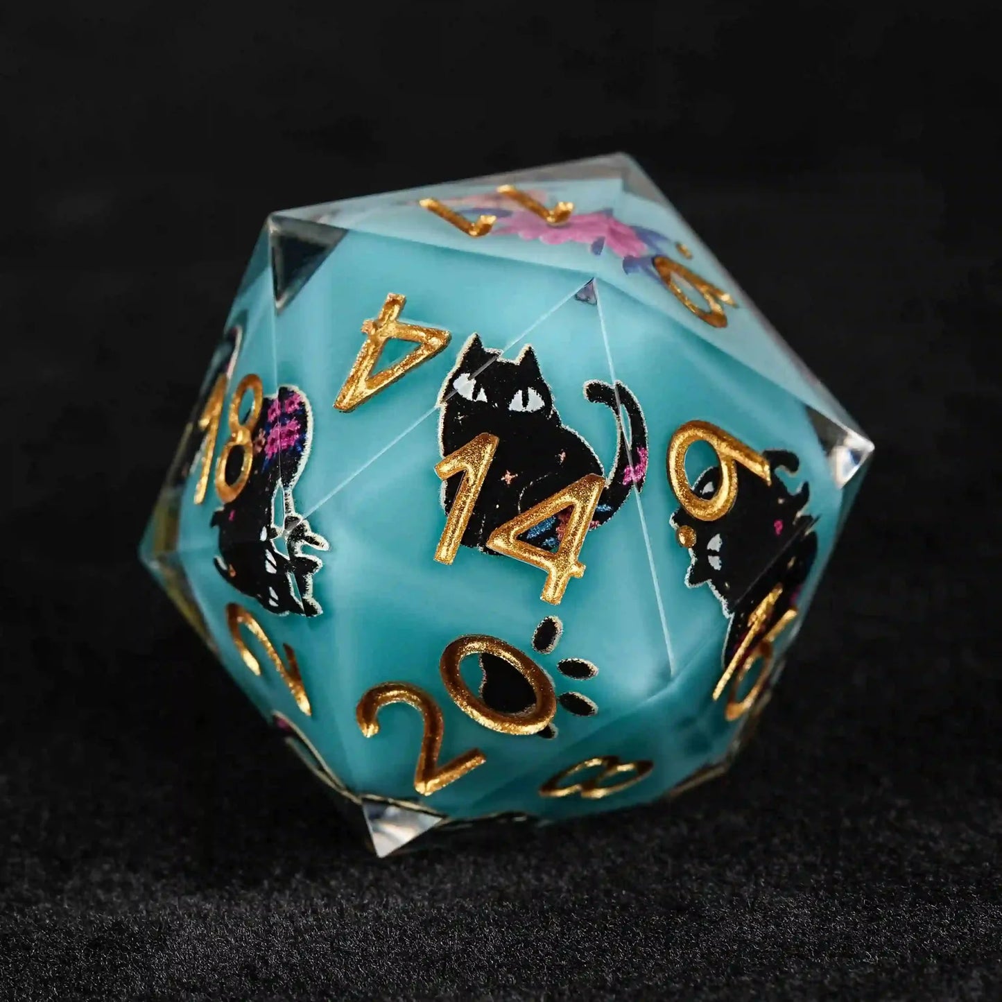Handmade unique dice sets: Egyptian Pharaoh's black cat flower resin edge sharp dnd dice + gold font