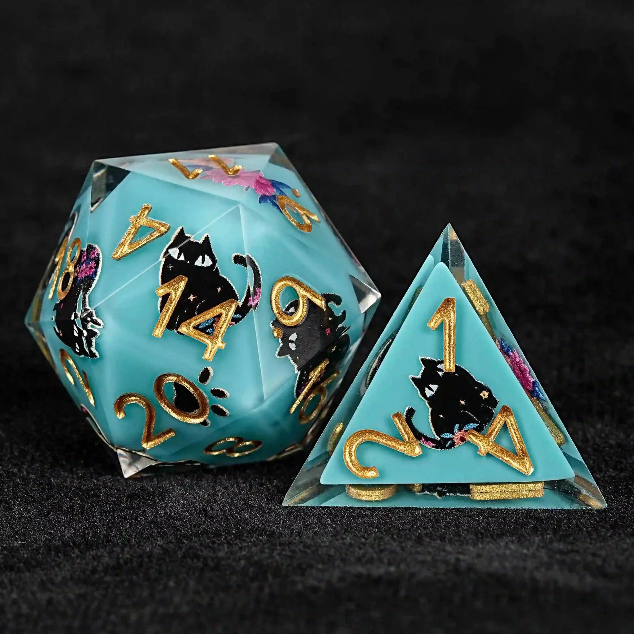 Handmade unique dice sets: Egyptian Pharaoh's black cat flower resin edge sharp dnd dice + gold font