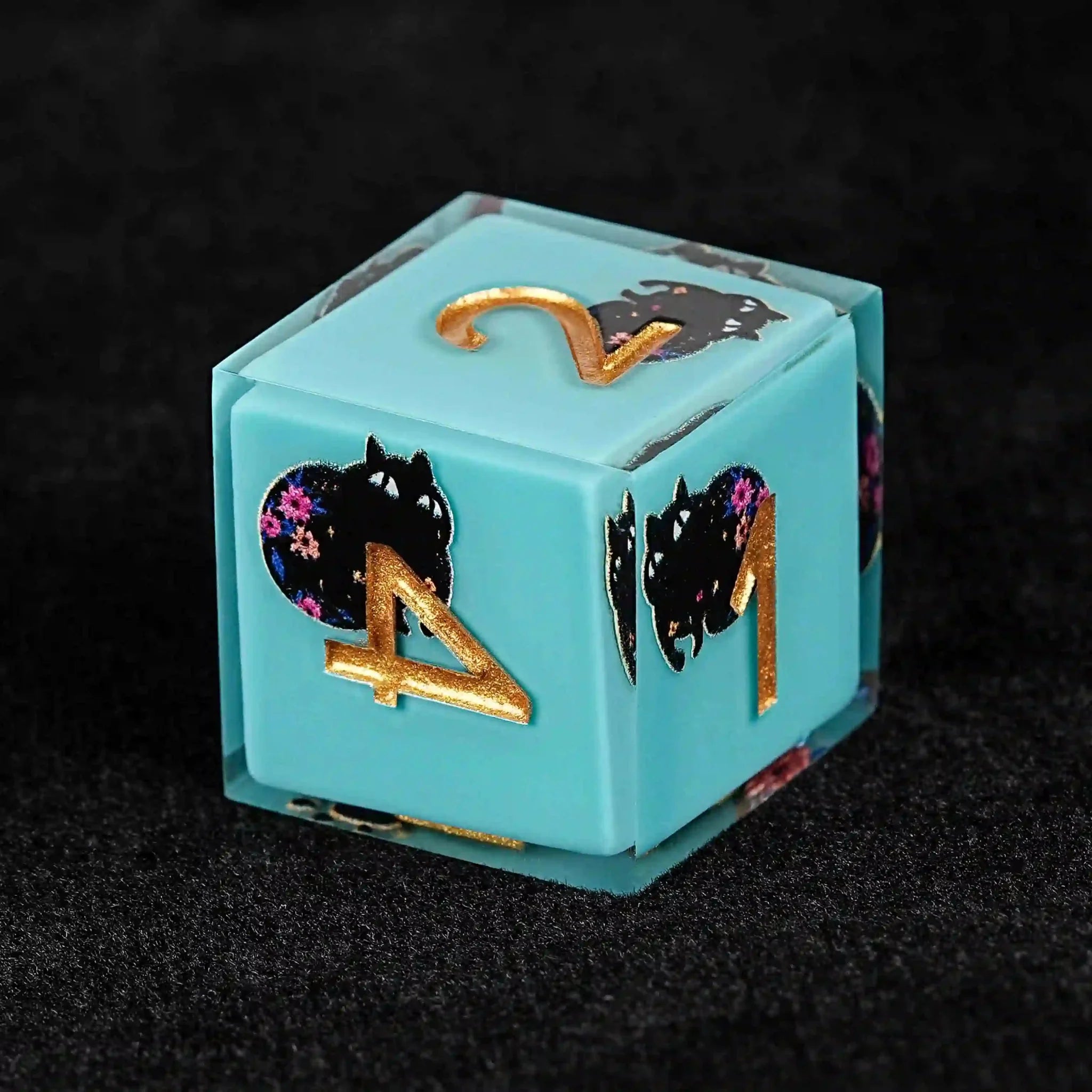 Handmade unique dice sets: Egyptian Pharaoh's black cat flower resin edge sharp dnd dice + gold font