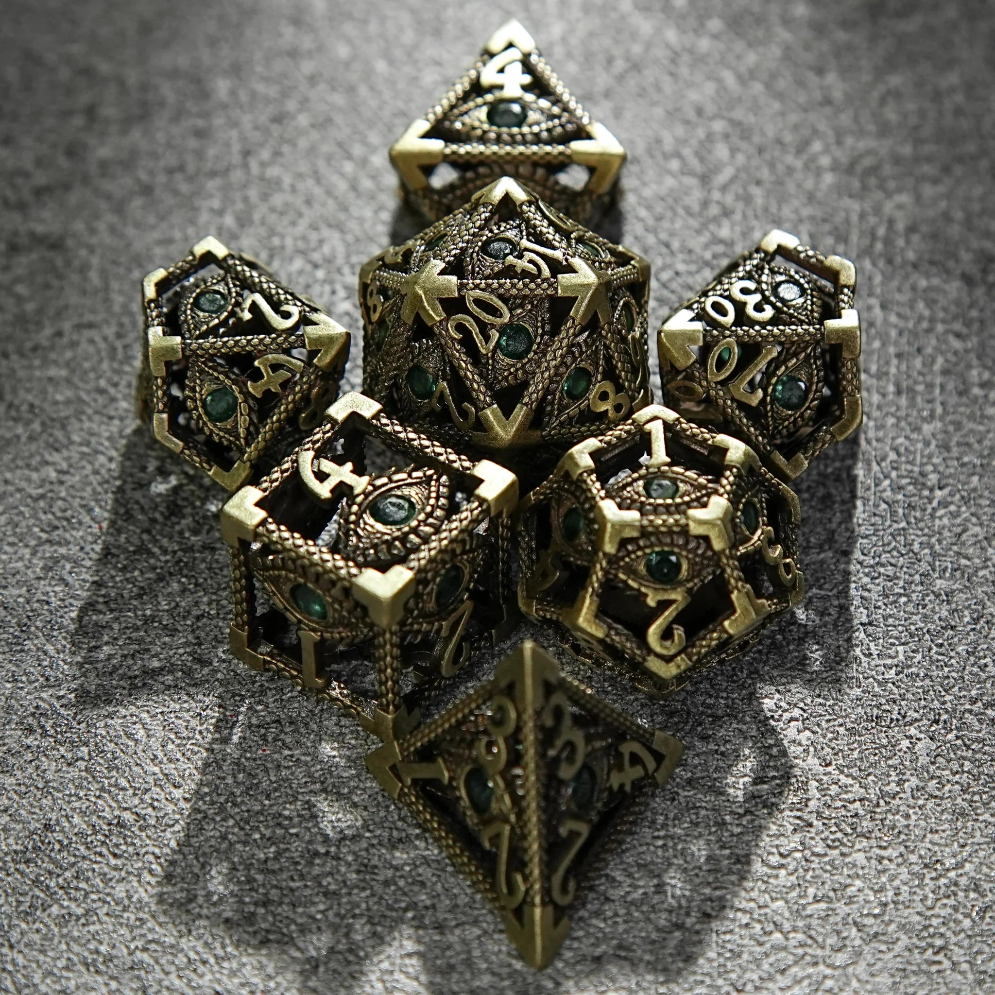 Bronze Emerald Dragon Eye Hollow Metal DND Dice Set