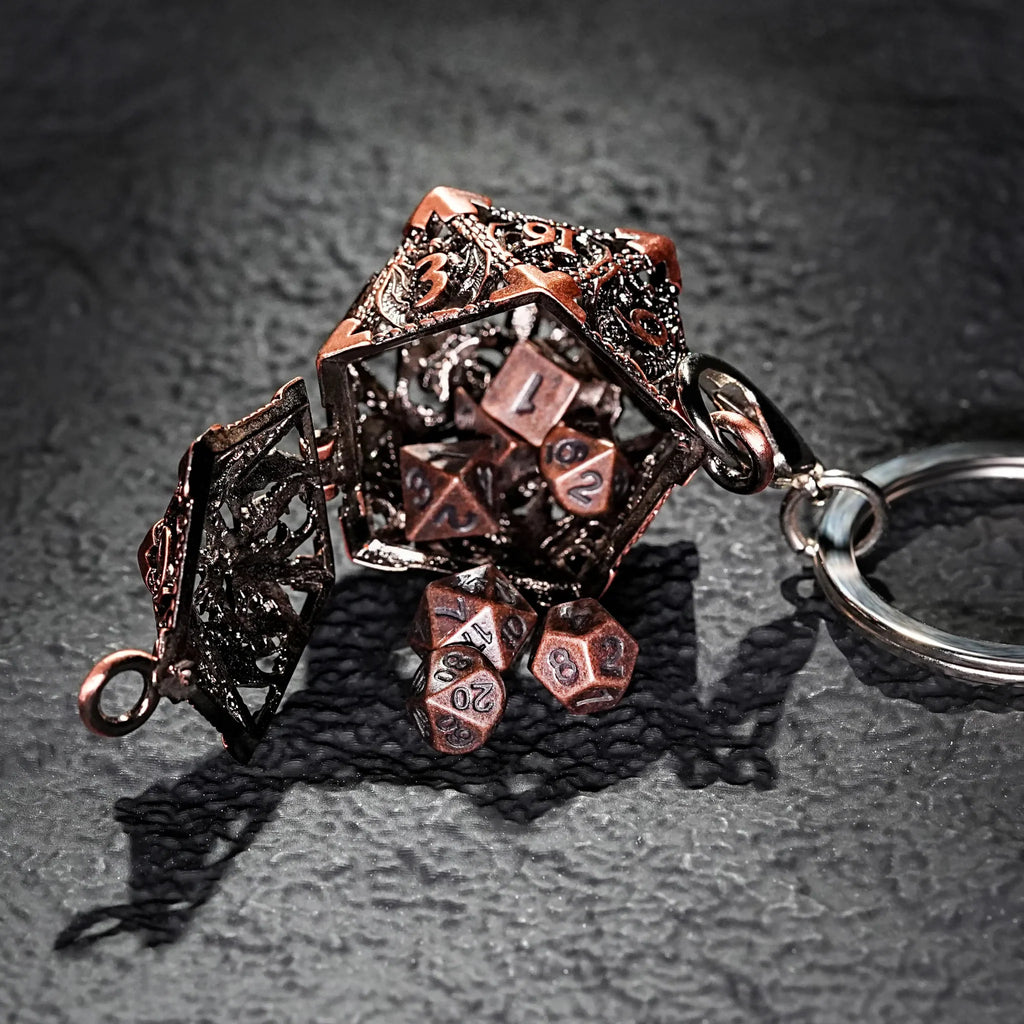 Multicolor Metal Hollow D20 Dice Necklace、Keychain + Mini DND Dice Set