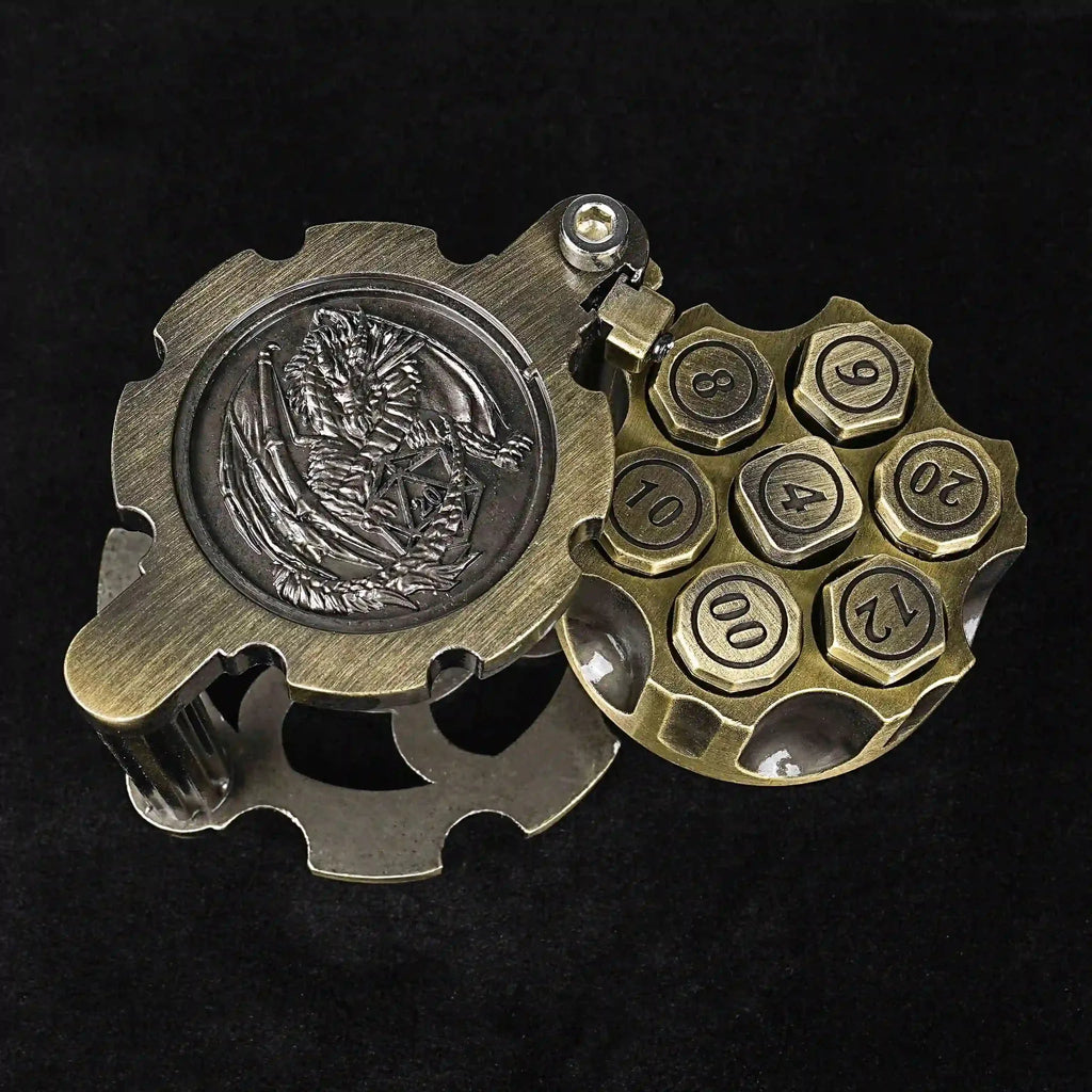 Unique dnd revolver dice set: 7 cool metal dnd bullet dice in the rotating revolver cylindrical magazine