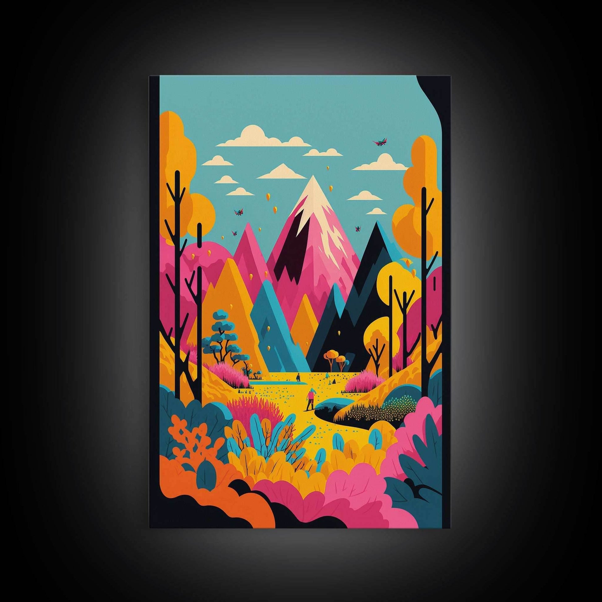 Trendy Pop Art, Surreal / Abstract Mountain Landscape, Fantasy Decor, Framed Canvas Print - 8x12 Inches / Gallery Wrap Canvas - Ready To Hang