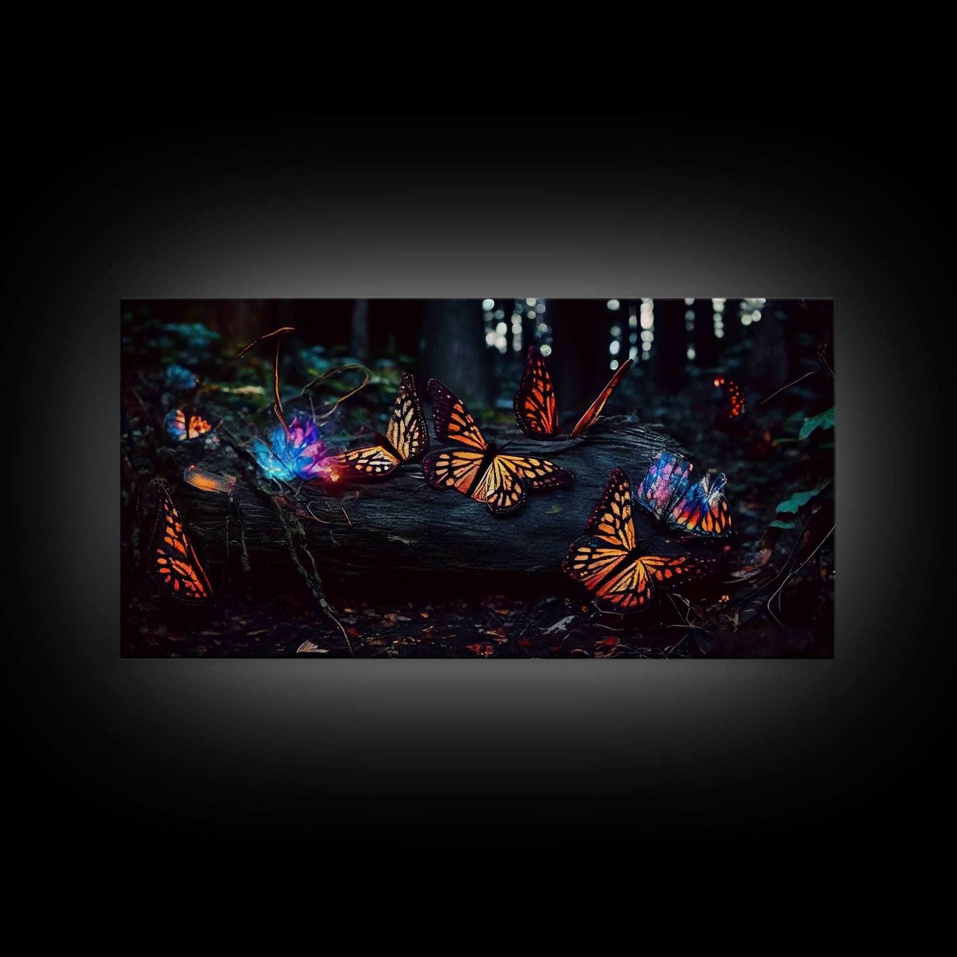 Glowing butterflies, fantasy forest wall art, framed canvas print, mother's day, mom gift, monarch butterflies - 10x20 Inches / Gallery Wrap Canvas - Ready To Hang