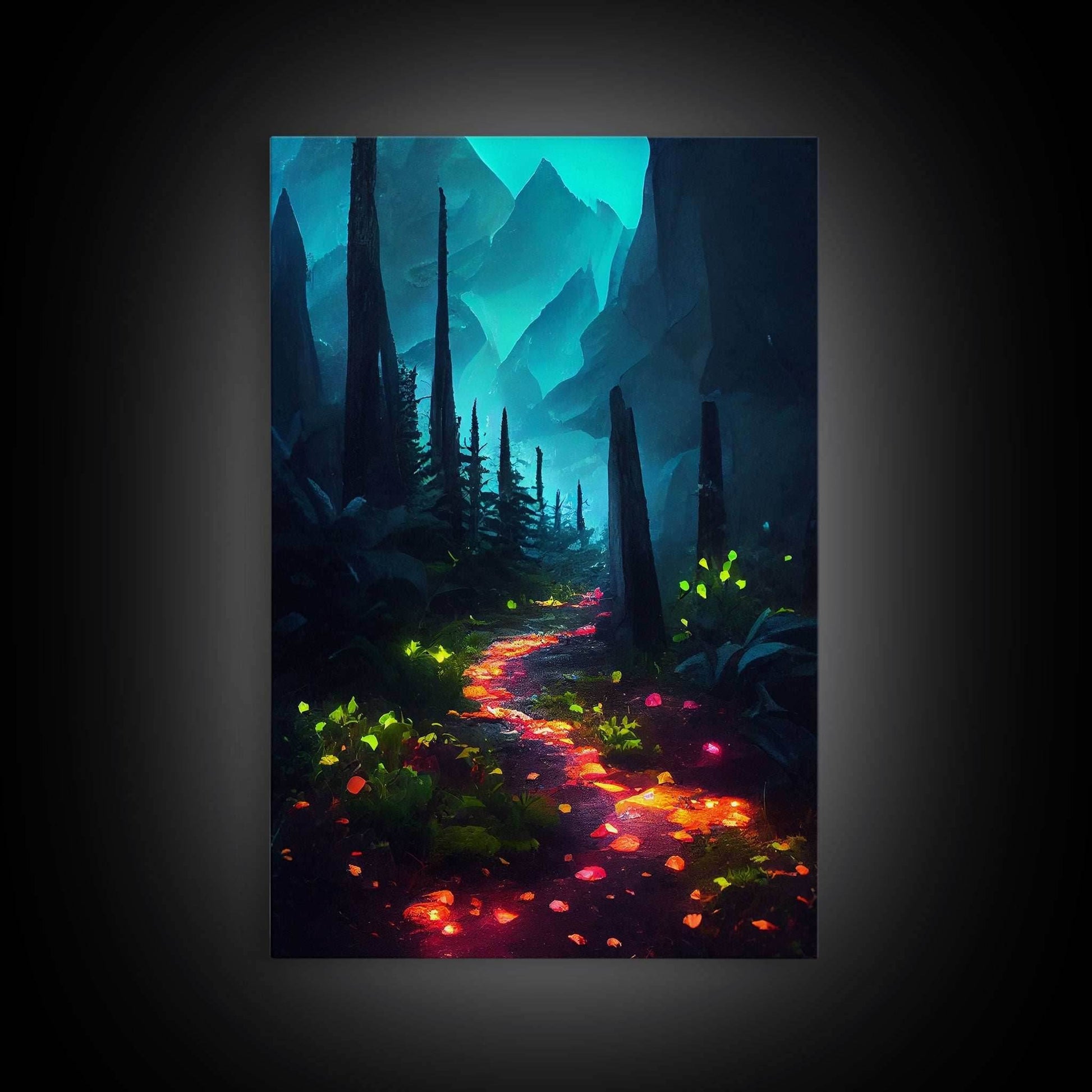 Luminescent magical forest canvas print, glowing trail though the trees, fantasy art, gloomy wall art, dark decor - 8x12 Inches / Gallery Wrap Canvas - Ready To Hang