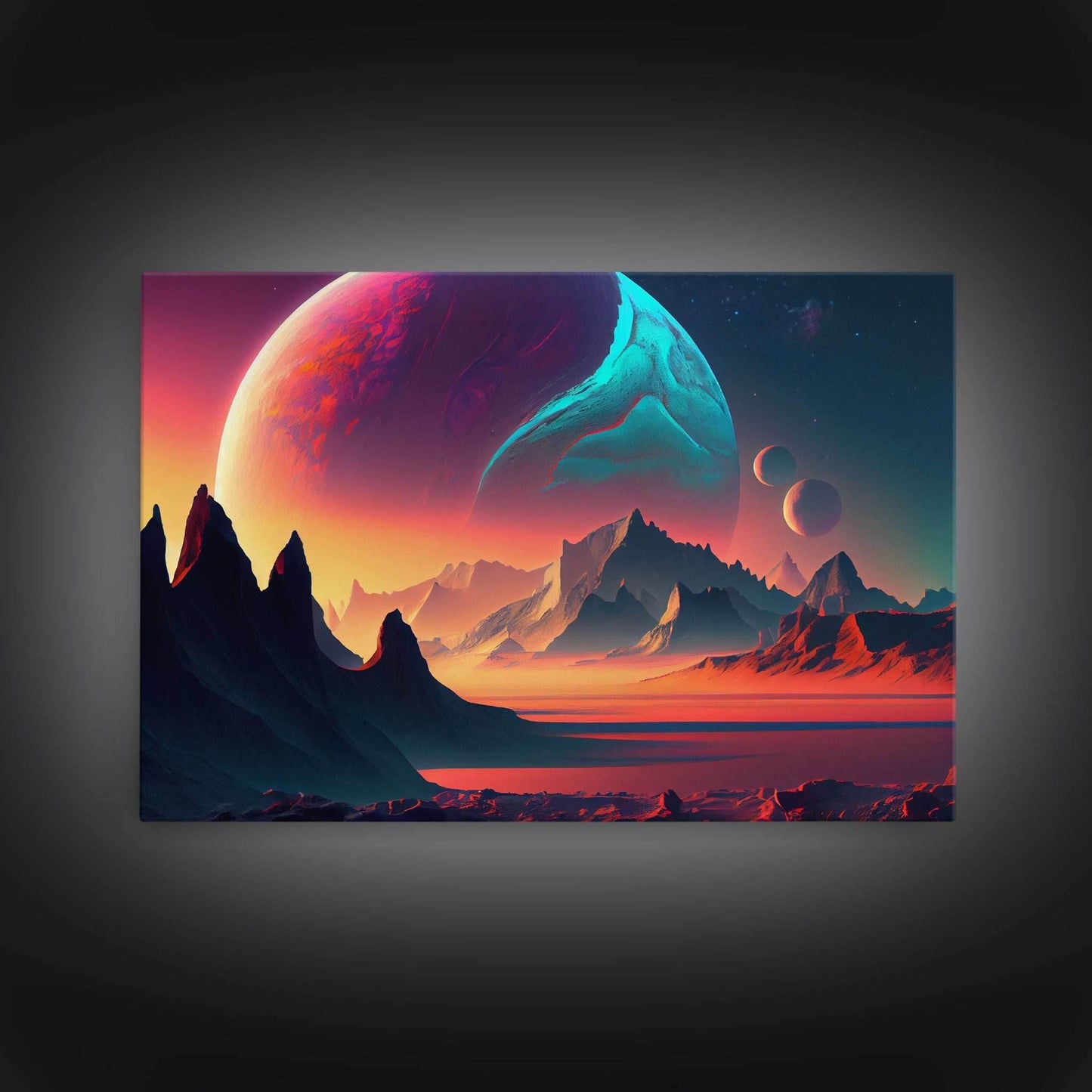 3 Moon Fantasy World, Retro Style Sci-Fi Art, Framed Canvas Print, Futuristic Art, Fantasy Decor - 8x12 Inches / Gallery Wrap Canvas - Ready To Hang