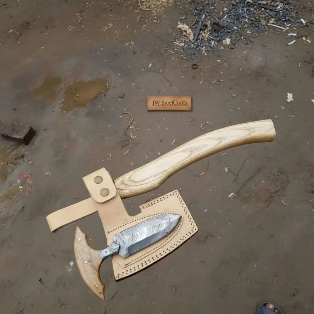 Custom Handmade Damascus Steel Viking Bearded Axe with Ash Hardwood Handle and Leather Sheath | JW SteelCrafts