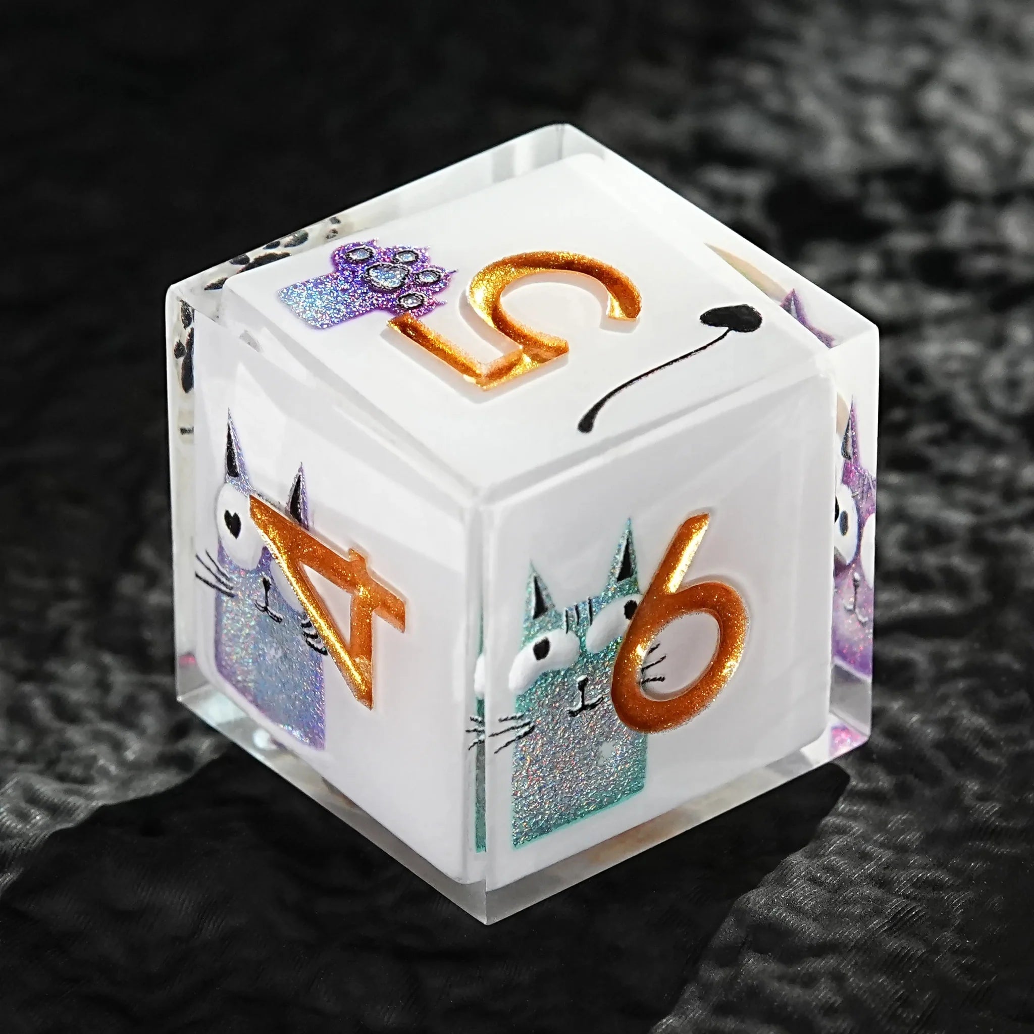 Smiley Cat White Resin DND Dice Set + Gold Font