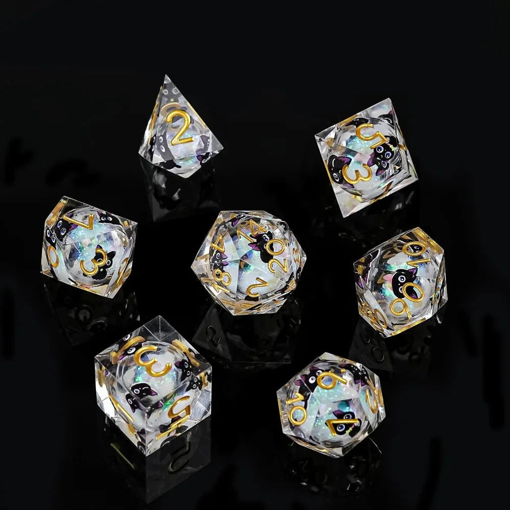 Black purple ears and big eyes cute cat resin DND dice set