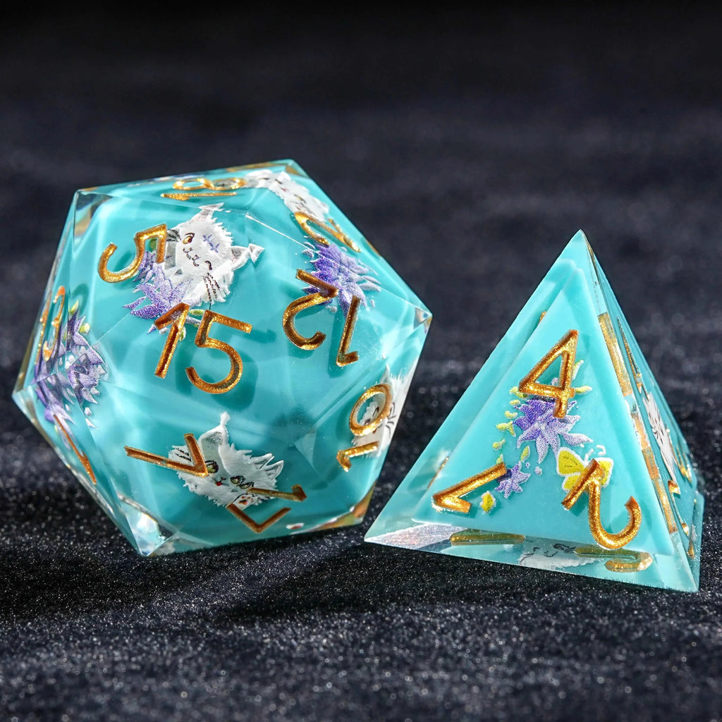 Plush White Cat Blue Resin DND Dice Set + Gold Font