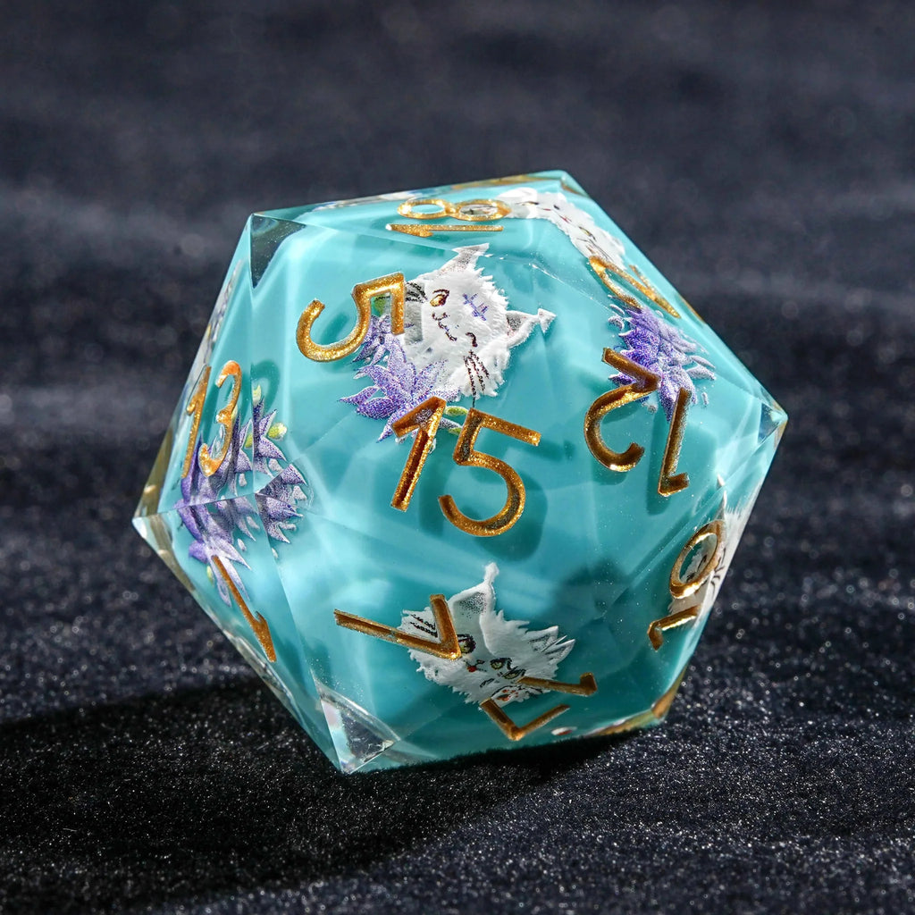 Plush White Cat Blue Resin DND Dice Set + Gold Font