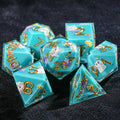 Plush White Cat Blue Resin DND Dice Set + Gold Font