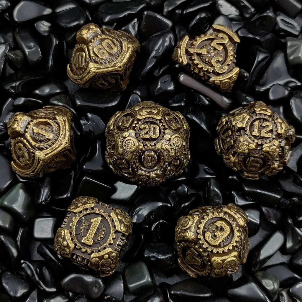 Cyberpunk Bronze Mechanical Gear Metal DND Polyhedron Dice Set